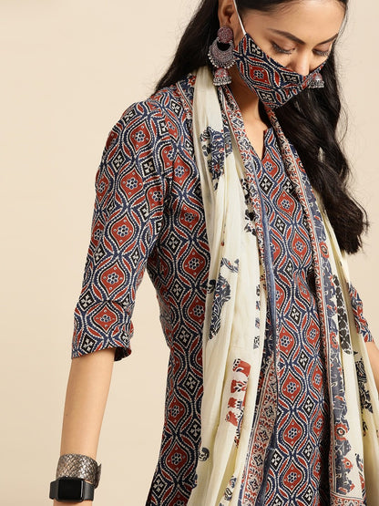Women Red & Indigo Three-Quarter Sleeves Straight Kurta With Palazzo & Printed Dupatta | LASVINI - Redefining Indian Fashion with Elegance