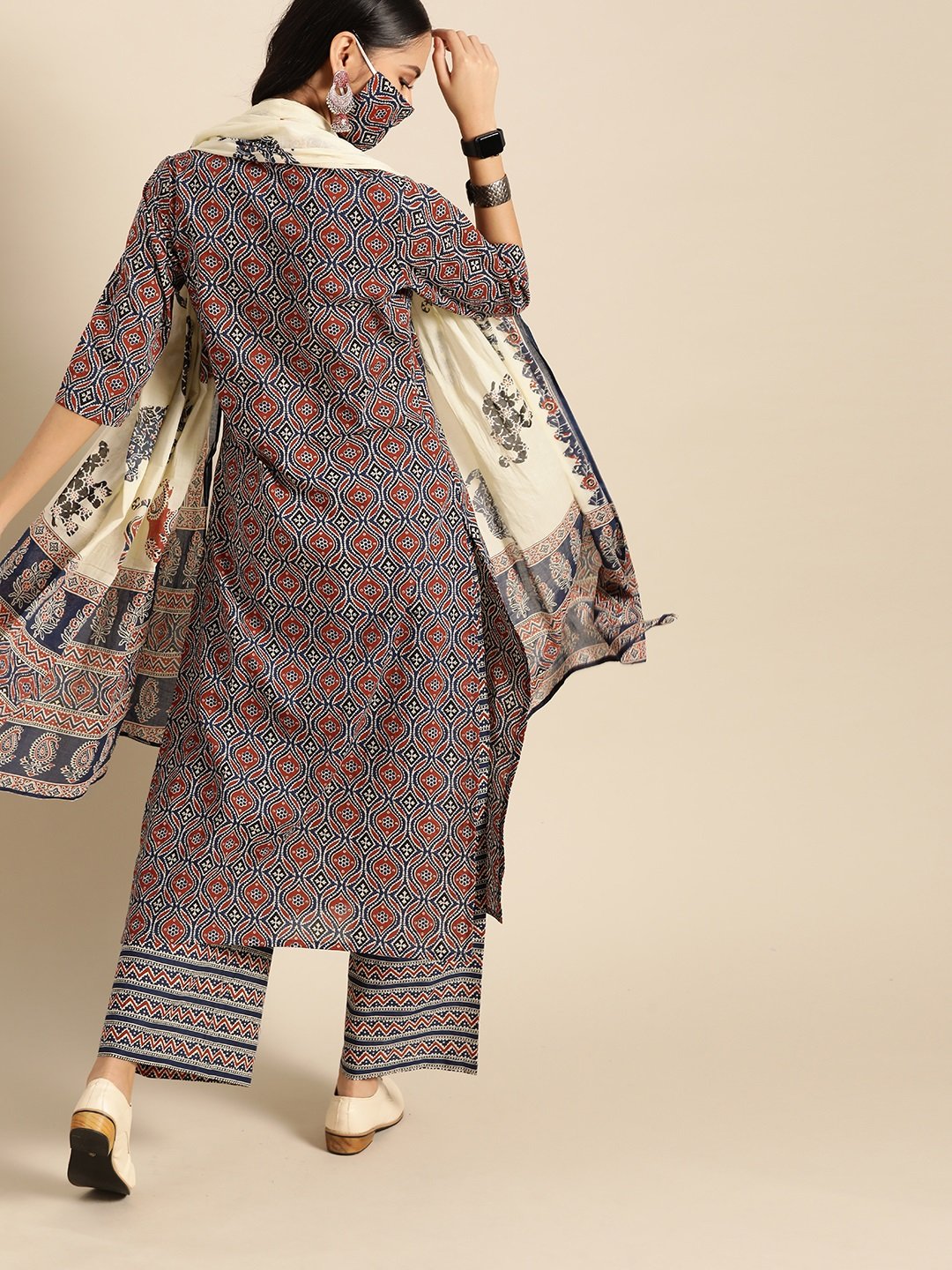 Women Red & Indigo Three-Quarter Sleeves Straight Kurta With Palazzo & Printed Dupatta | LASVINI - Redefining Indian Fashion with Elegance