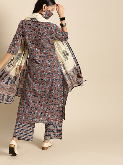 Women Red & Indigo Three-Quarter Sleeves Straight Kurta With Palazzo & Printed Dupatta | LASVINI - Redefining Indian Fashion with Elegance