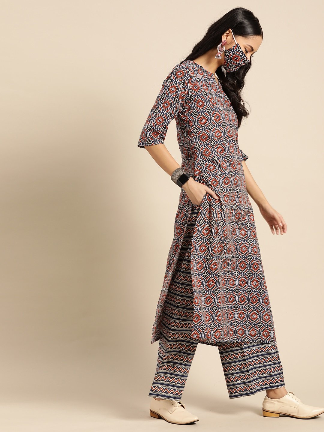 Women Red & Indigo Three-Quarter Sleeves Straight Kurta With Palazzo & Printed Dupatta | LASVINI - Redefining Indian Fashion with Elegance