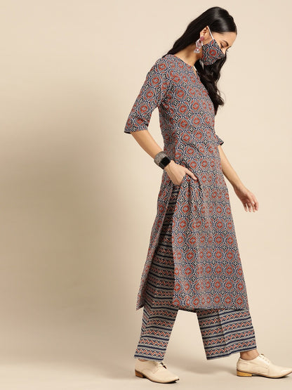 Women Red & Indigo Three-Quarter Sleeves Straight Kurta With Palazzo & Printed Dupatta | LASVINI - Redefining Indian Fashion with Elegance