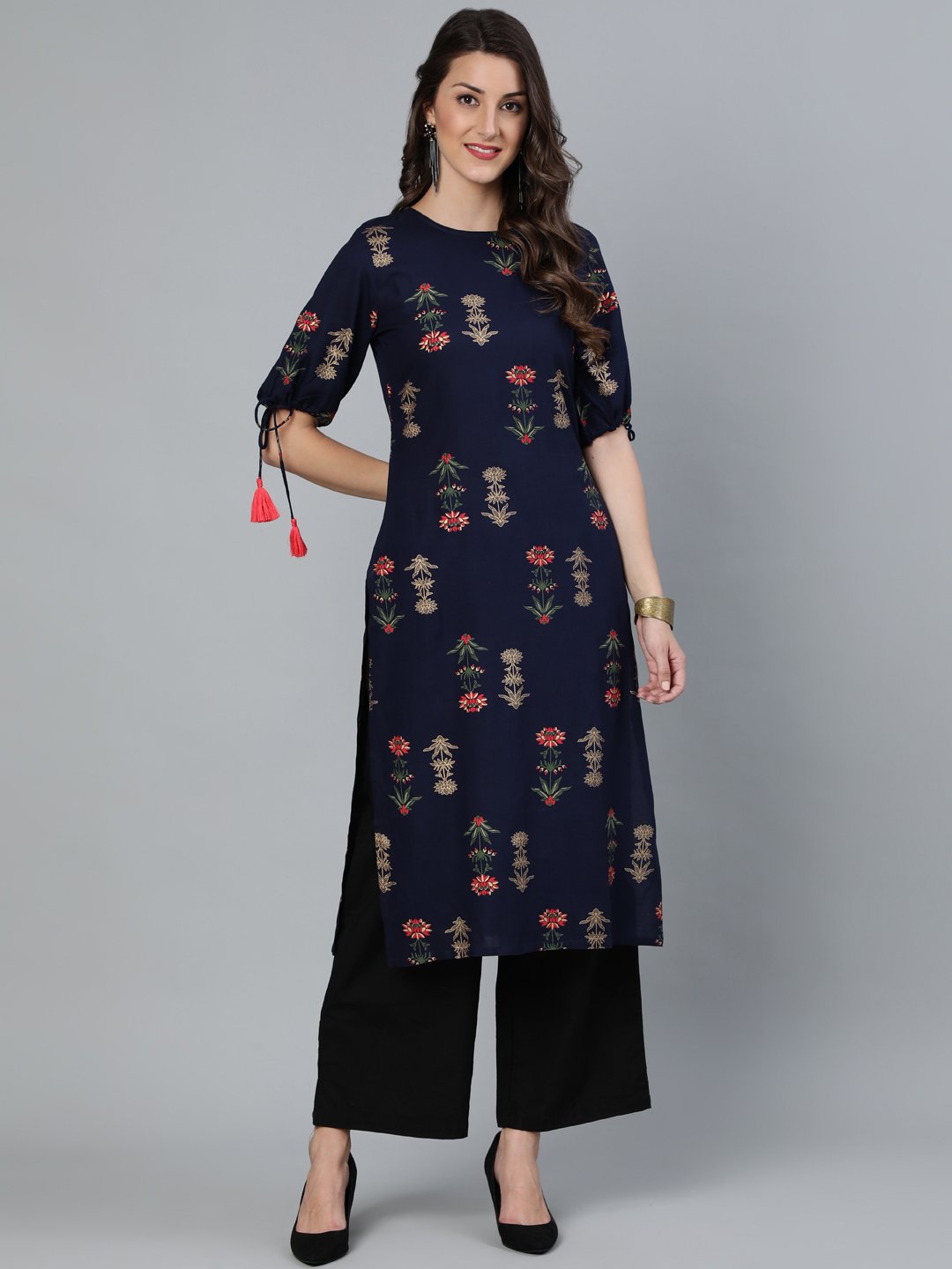 Women Navy Blue Floral Printed Straight Kurta With Round Neck & Three Qauter Sleeves | LASVINI - Redefining Indian Fashion with Elegance