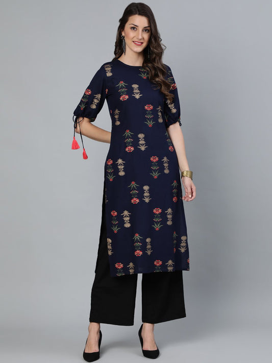 Women Navy Blue Floral Printed Straight Kurta With Round Neck & Three Qauter Sleeves | LASVINI - Redefining Indian Fashion with Elegance