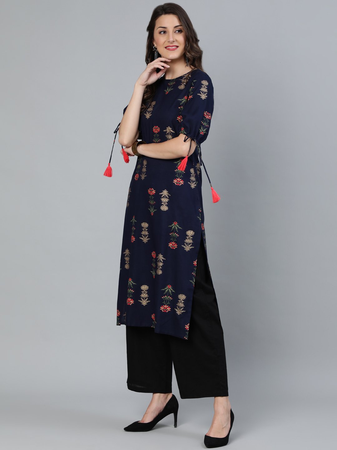 Women Navy Blue Floral Printed Straight Kurta With Round Neck & Three Qauter Sleeves | LASVINI - Redefining Indian Fashion with Elegance