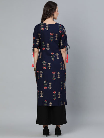 Women Navy Blue Floral Printed Straight Kurta With Round Neck & Three Qauter Sleeves | LASVINI - Redefining Indian Fashion with Elegance