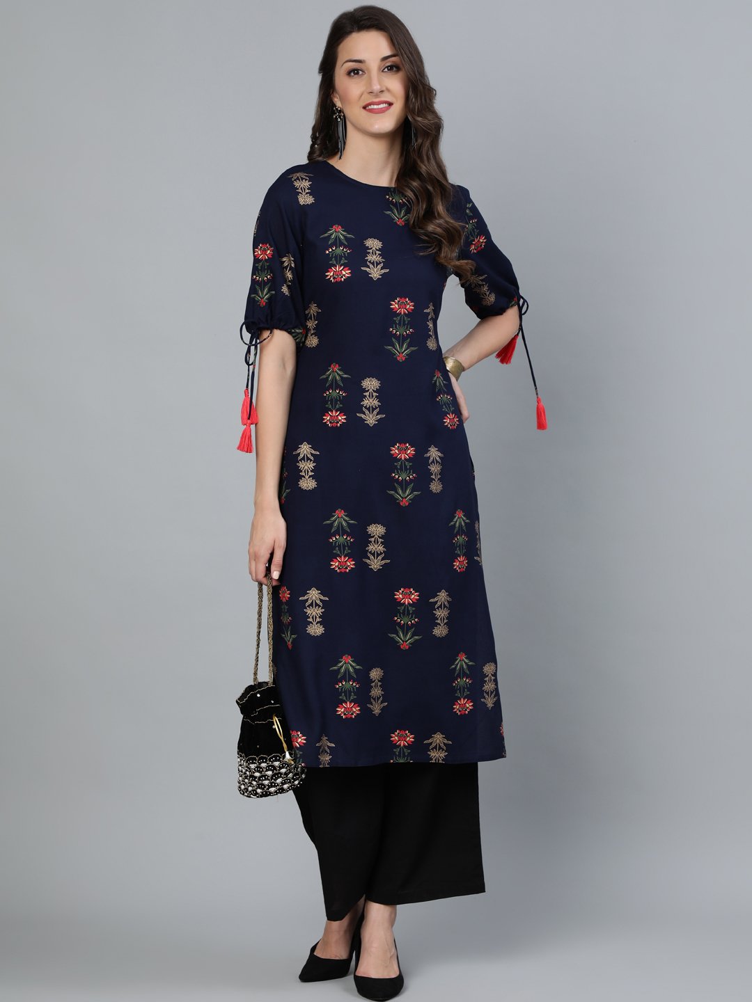 Women Navy Blue Floral Printed Straight Kurta With Round Neck & Three Qauter Sleeves | LASVINI - Redefining Indian Fashion with Elegance