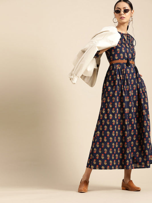 Womens Indigo Floral Printed Gathered Dress With Round Neck & Three Quarters Sleeves | LASVINI - Redefining Indian Fashion with Elegance