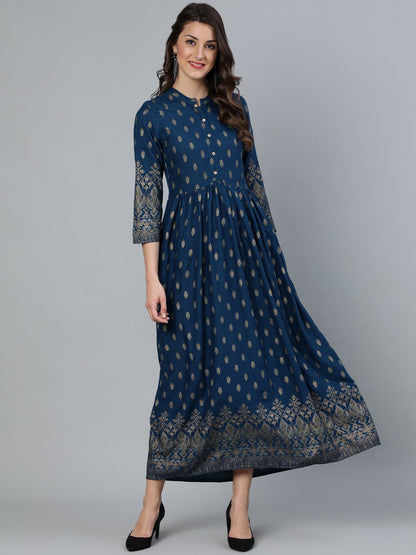 Women Teal Blue Printed Maxi Dress With Three Quarter Sleeves | LASVINI - Redefining Indian Fashion with Elegance
