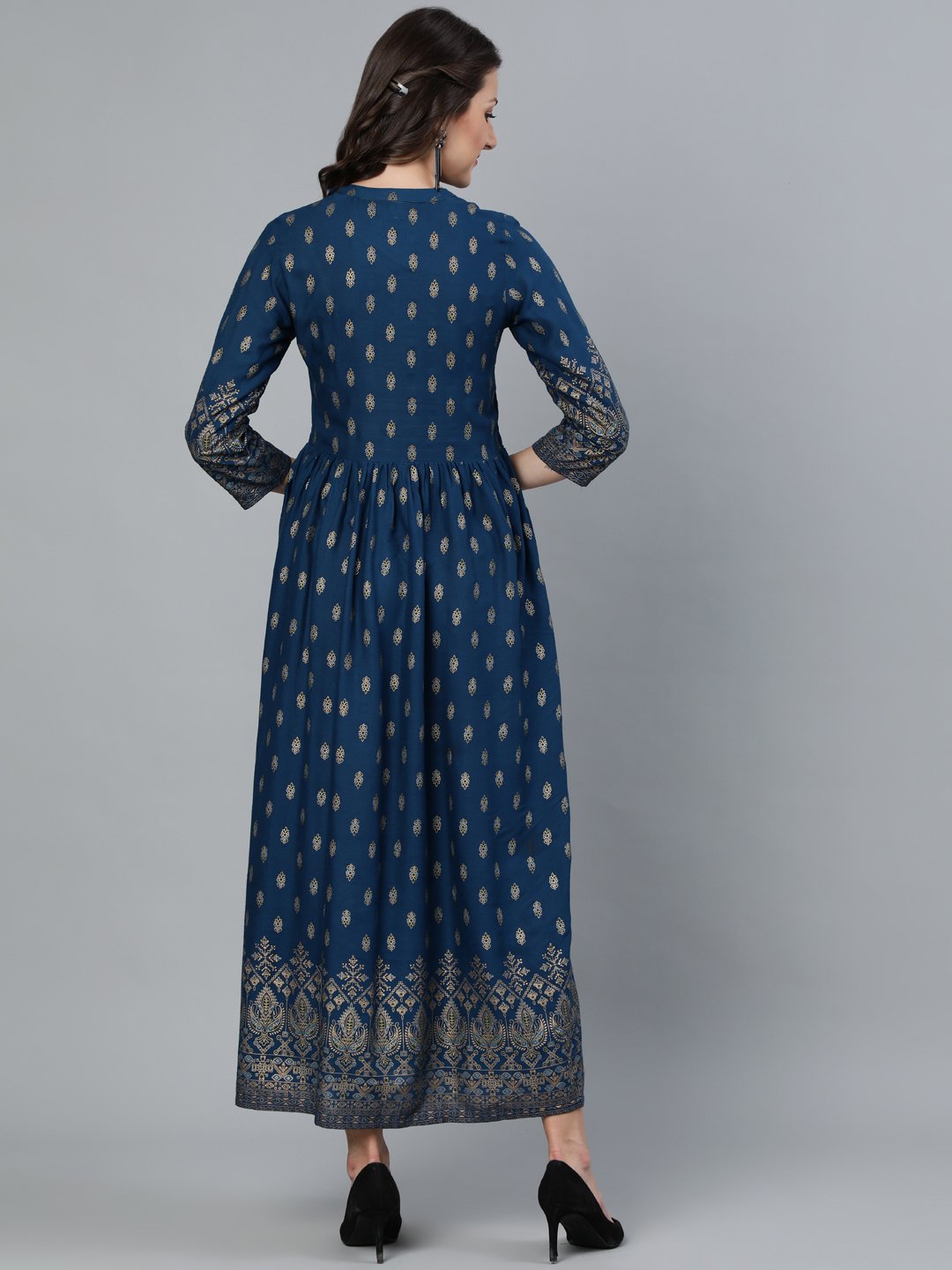 Women Teal Blue Printed Maxi Dress With Three Quarter Sleeves | LASVINI - Redefining Indian Fashion with Elegance