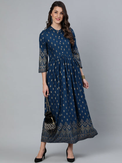 Women Teal Blue Printed Maxi Dress With Three Quarter Sleeves | LASVINI - Redefining Indian Fashion with Elegance