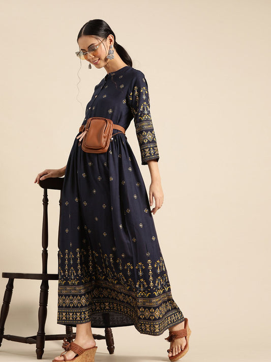 Womens Navy Blue & Gold Ethinic Printed Dress With Mandarin Collar & Three Quarter Sleeves | LASVINI - Redefining Indian Fashion with Elegance