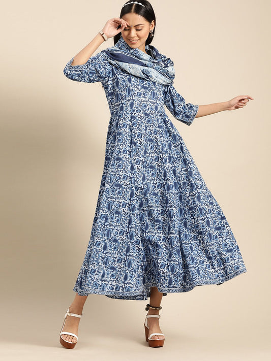 Womens Indigo Floral Printed Flared Round Neck Dress With Three Quarters Sleeves  & Dupatta | LASVINI - Redefining Indian Fashion with Elegance