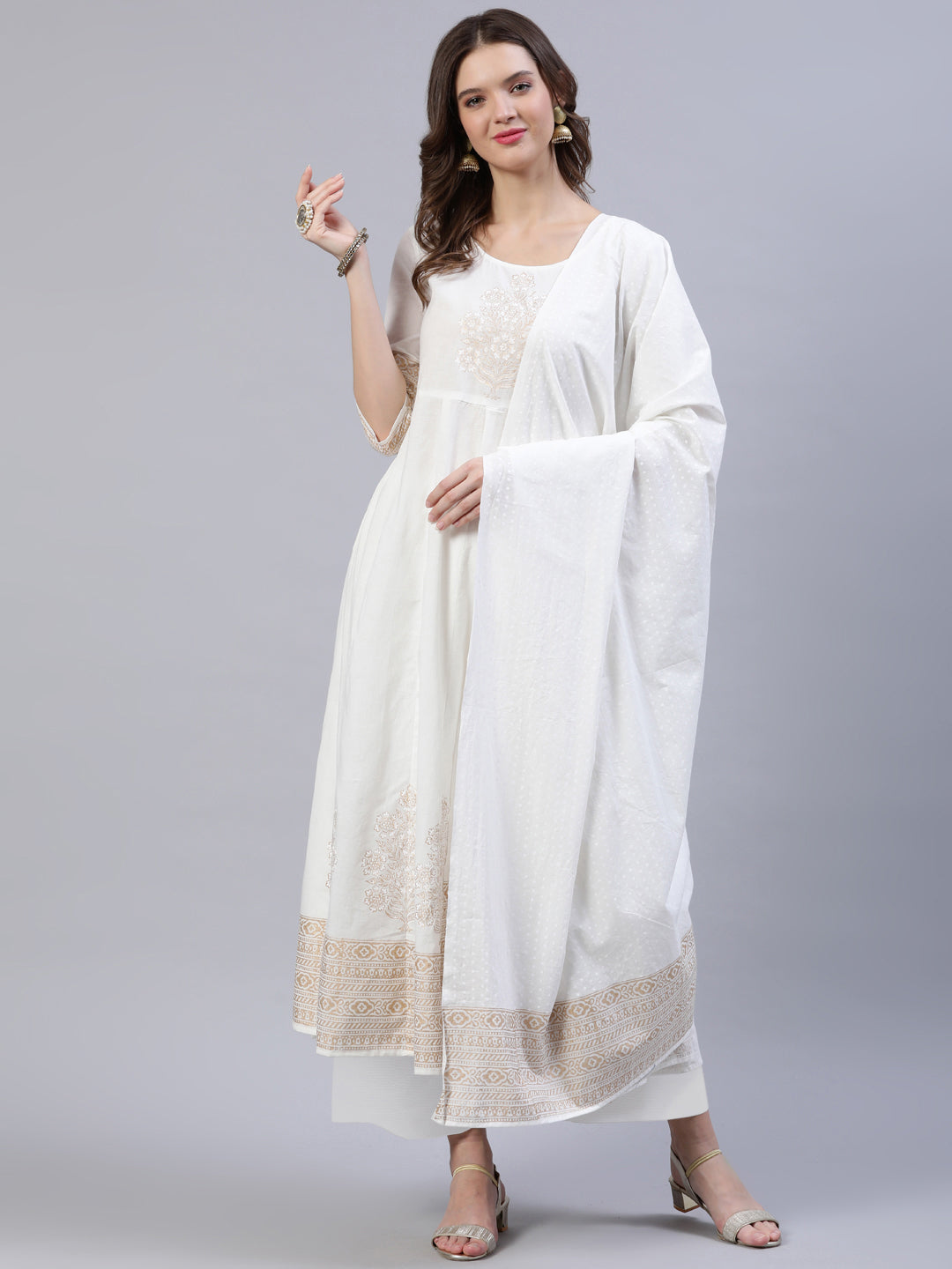 Women Off-White Block Printed Anarkali Kurta With Palazo & Dupatta | LASVINI - Redefining Indian Fashion with Elegance