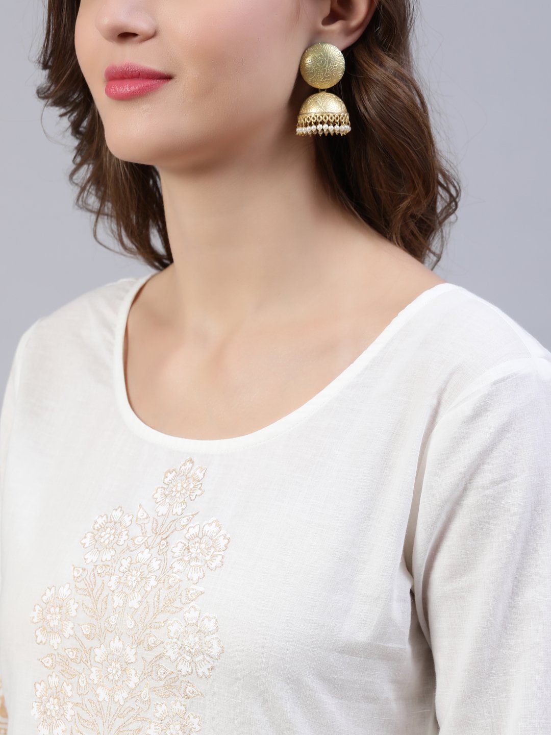 Women Off-White Block Printed Anarkali Kurta With Palazo & Dupatta | LASVINI - Redefining Indian Fashion with Elegance