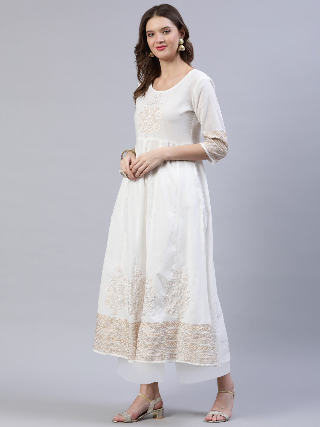 Women Off-White Block Printed Anarkali Kurta With Palazo & Dupatta | LASVINI - Redefining Indian Fashion with Elegance