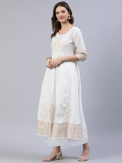 Women Off-White Block Printed Anarkali Kurta With Palazo & Dupatta | LASVINI - Redefining Indian Fashion with Elegance