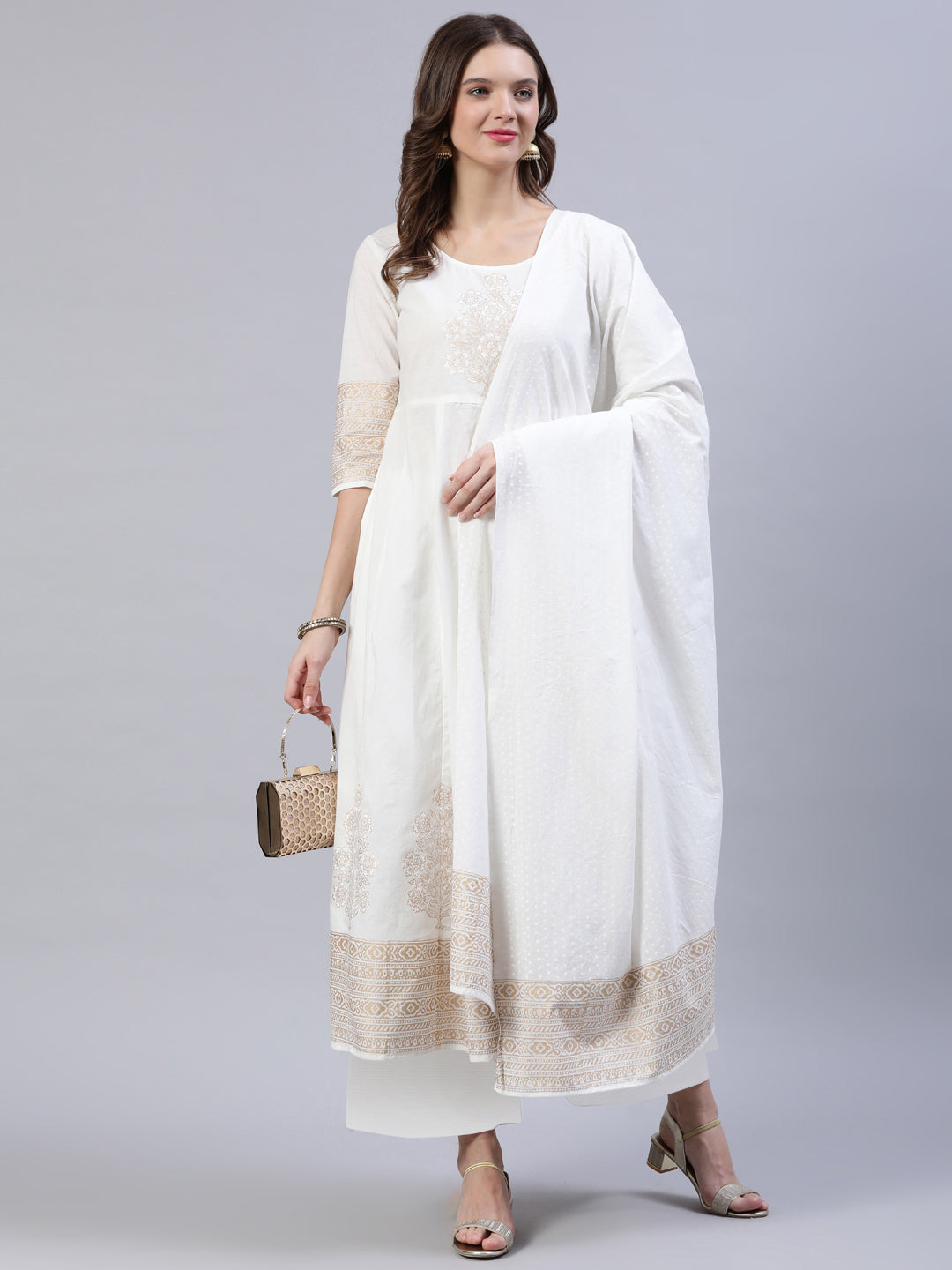 Women Off-White Block Printed Anarkali Kurta With Palazo & Dupatta | LASVINI - Redefining Indian Fashion with Elegance