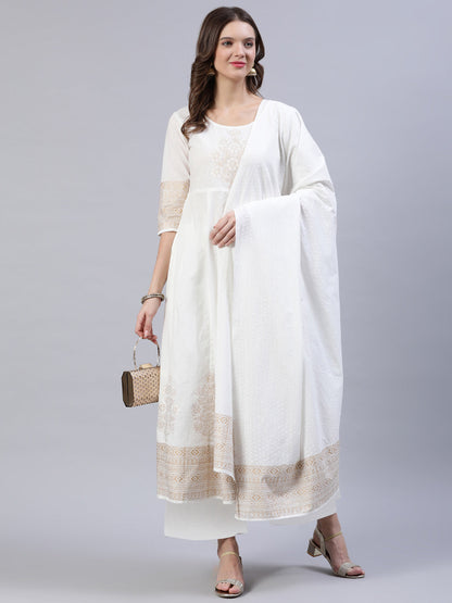 Women Off-White Block Printed Anarkali Kurta With Palazo & Dupatta | LASVINI - Redefining Indian Fashion with Elegance