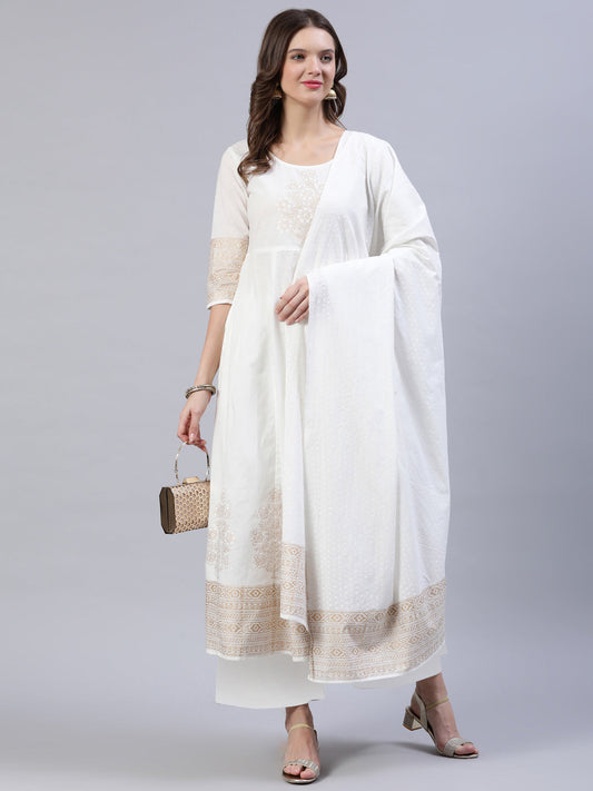 Women Off-White Block Printed Anarkali Kurta With Palazo & Dupatta | LASVINI - Redefining Indian Fashion with Elegance
