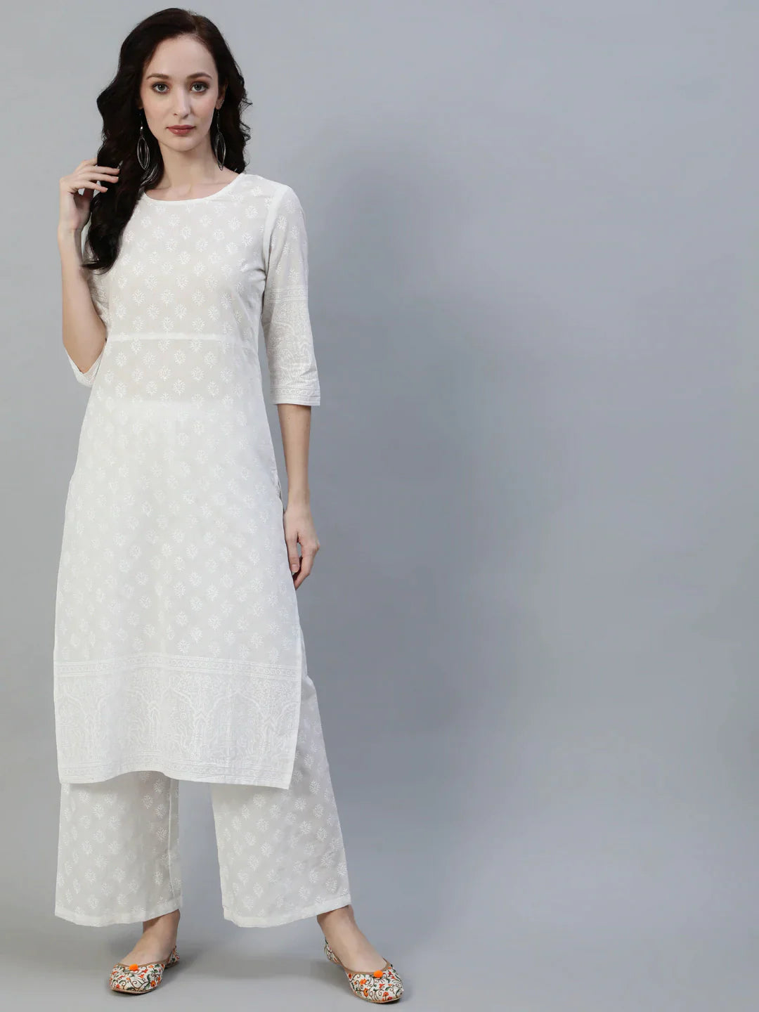 Women Off White Straight Block Print Pure Cotton Kurta & Palazzos | LASVINI - Redefining Indian Fashion with Elegance
