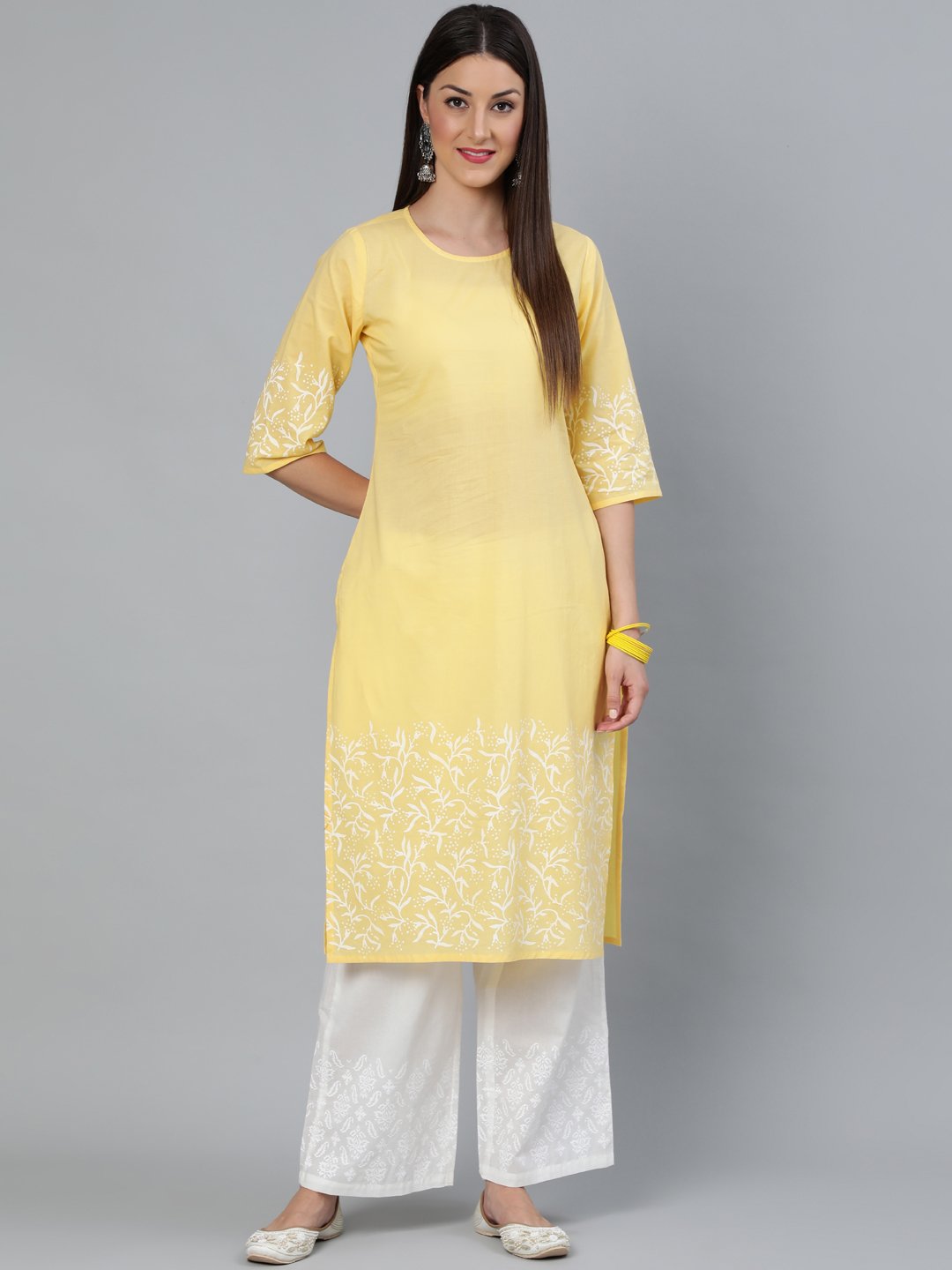 Women Yellow Block Printed Straight Kurta With Off White Plazo | LASVINI - Redefining Indian Fashion with Elegance