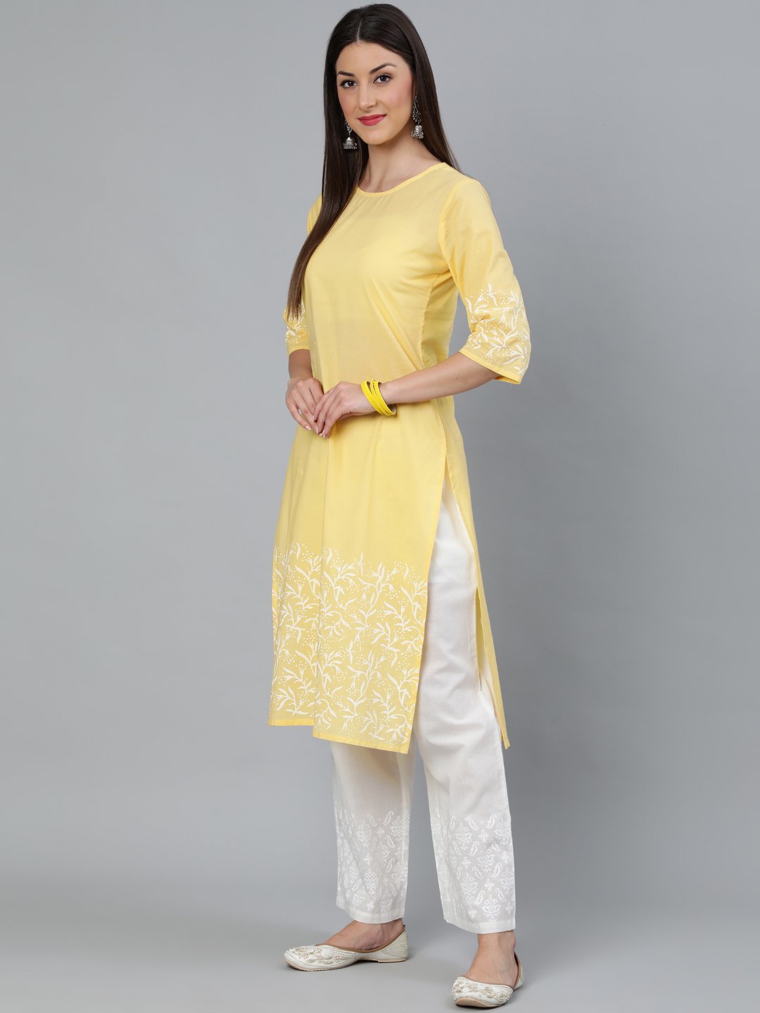 Women Yellow Block Printed Straight Kurta With Off White Plazo | LASVINI - Redefining Indian Fashion with Elegance