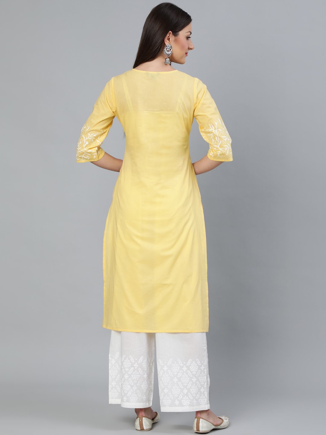 Women Yellow Block Printed Straight Kurta With Off White Plazo | LASVINI - Redefining Indian Fashion with Elegance