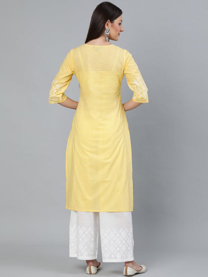 Women Yellow Block Printed Straight Kurta With Off White Plazo | LASVINI - Redefining Indian Fashion with Elegance