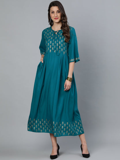 Women Green & Gold Block Printed Dress With Three Quarter Sleeves | LASVINI - Redefining Indian Fashion with Elegance