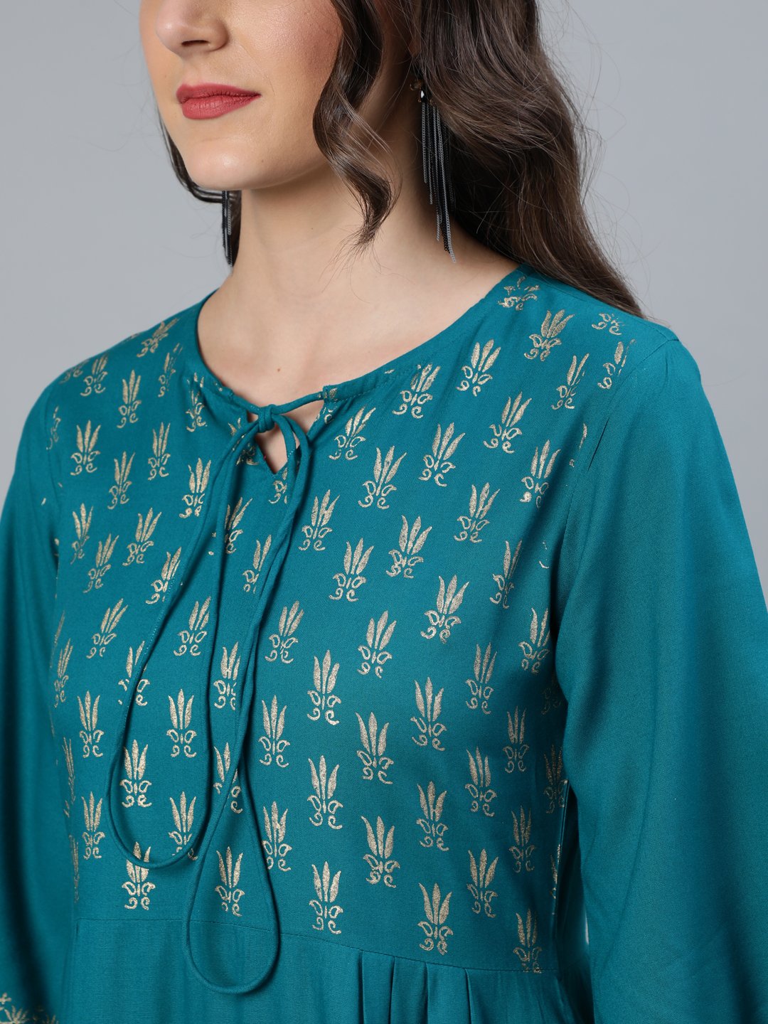 Women Green & Gold Block Printed Dress With Three Quarter Sleeves | LASVINI - Redefining Indian Fashion with Elegance