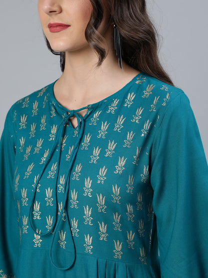 Women Green & Gold Block Printed Dress With Three Quarter Sleeves | LASVINI - Redefining Indian Fashion with Elegance