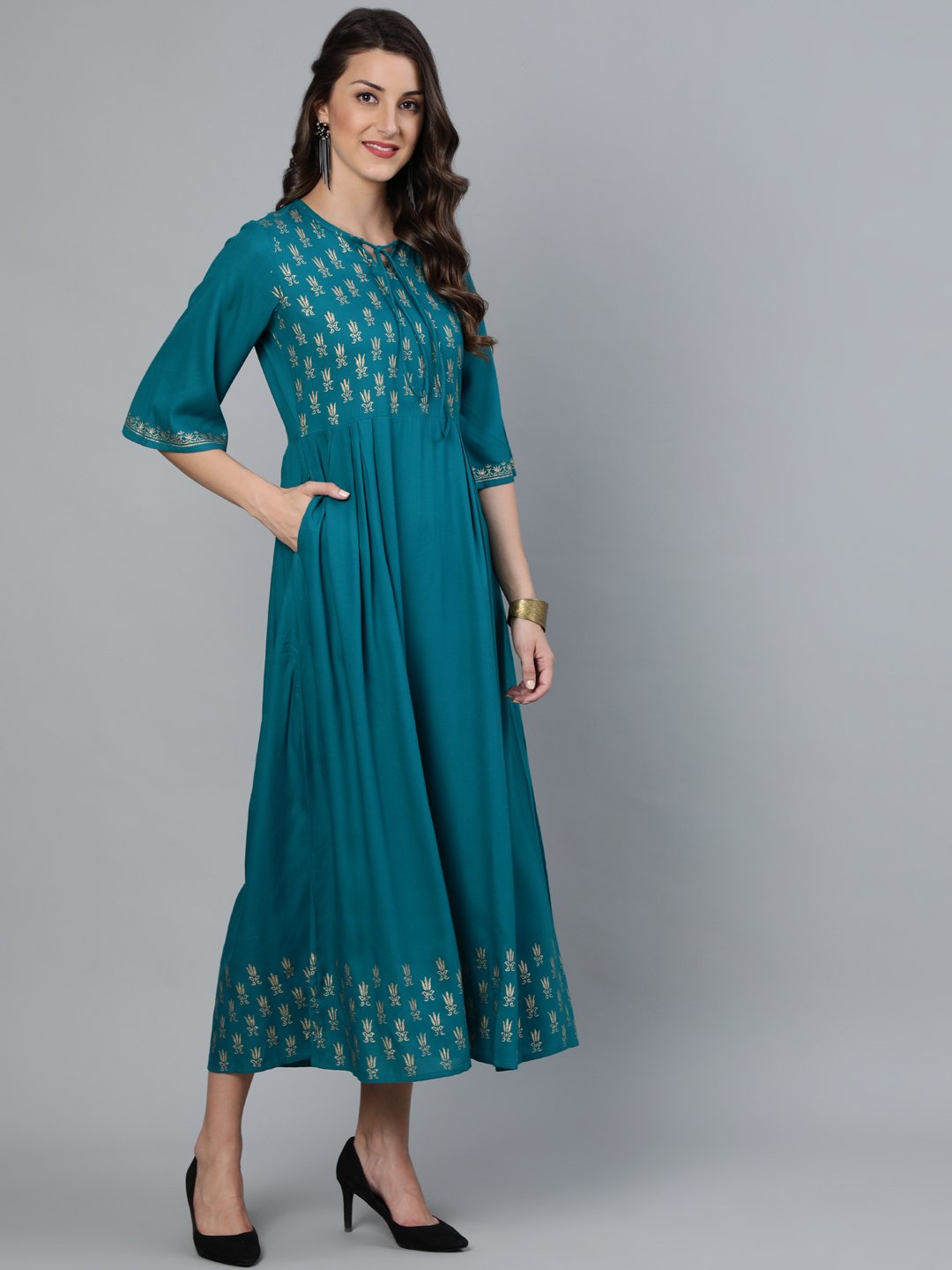 Women Green & Gold Block Printed Dress With Three Quarter Sleeves | LASVINI - Redefining Indian Fashion with Elegance