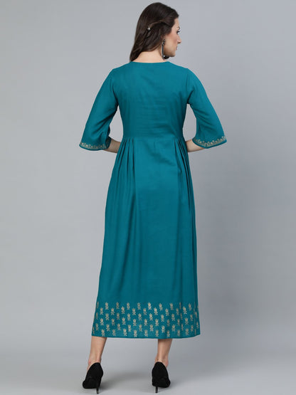 Women Green & Gold Block Printed Dress With Three Quarter Sleeves | LASVINI - Redefining Indian Fashion with Elegance
