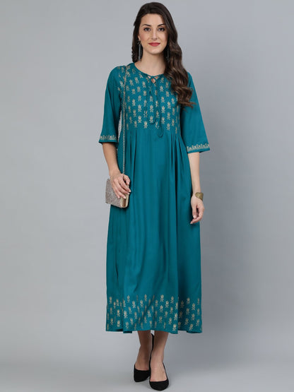 Women Green & Gold Block Printed Dress With Three Quarter Sleeves | LASVINI - Redefining Indian Fashion with Elegance