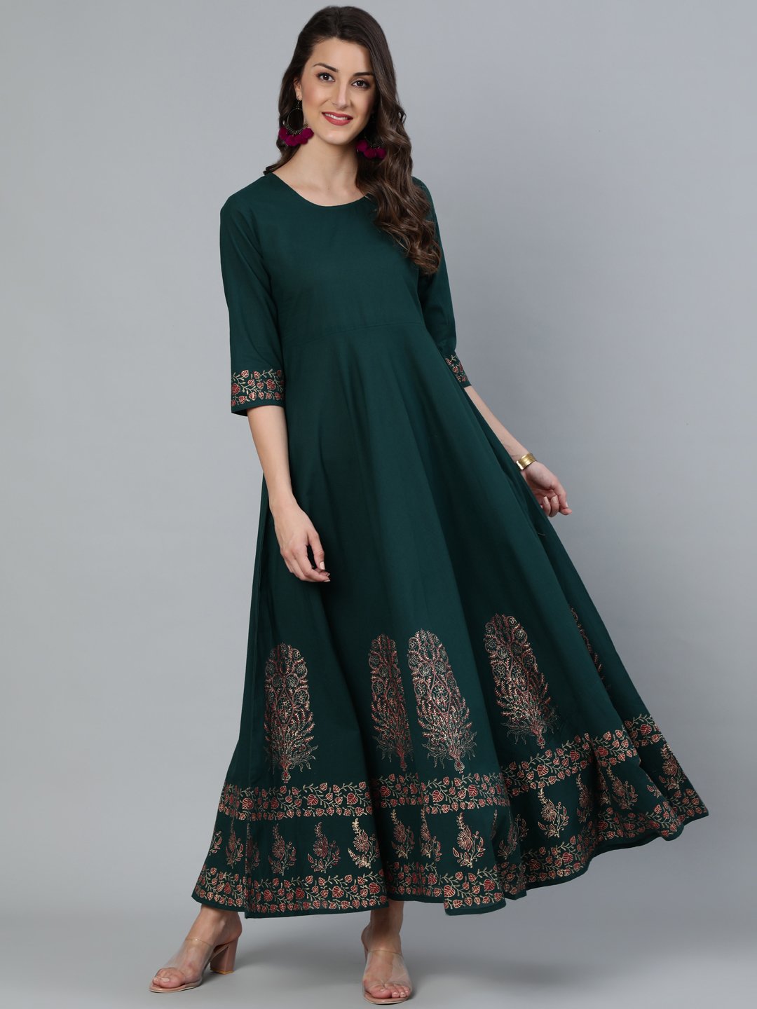 Women Green & Gold Block Printed Maxi Dress With Three Quarter Sleeves | LASVINI - Redefining Indian Fashion with Elegance