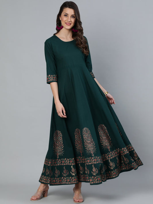 Women Green & Gold Block Printed Maxi Dress With Three Quarter Sleeves | LASVINI - Redefining Indian Fashion with Elegance