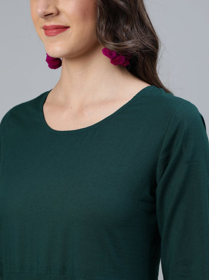 Women Green & Gold Block Printed Maxi Dress With Three Quarter Sleeves | LASVINI - Redefining Indian Fashion with Elegance