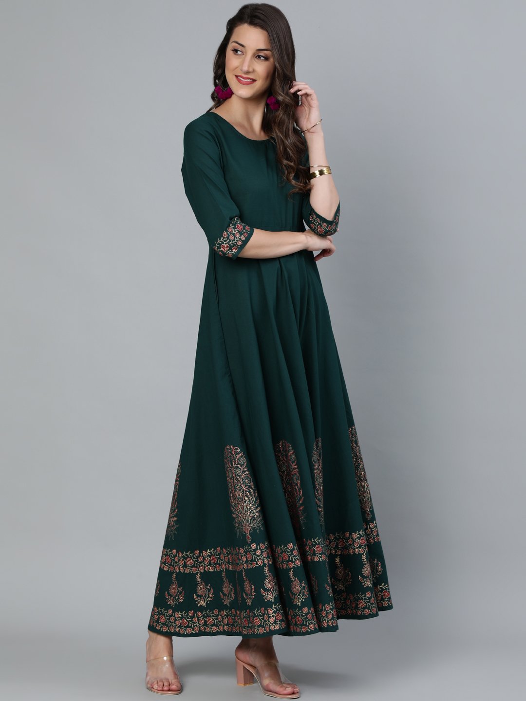 Women Green & Gold Block Printed Maxi Dress With Three Quarter Sleeves | LASVINI - Redefining Indian Fashion with Elegance