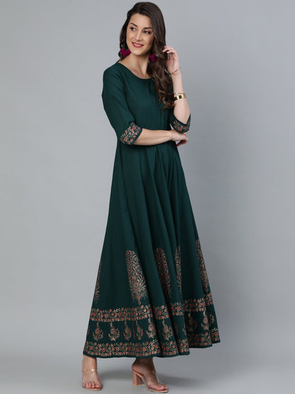 Women Green & Gold Block Printed Maxi Dress With Three Quarter Sleeves | LASVINI - Redefining Indian Fashion with Elegance