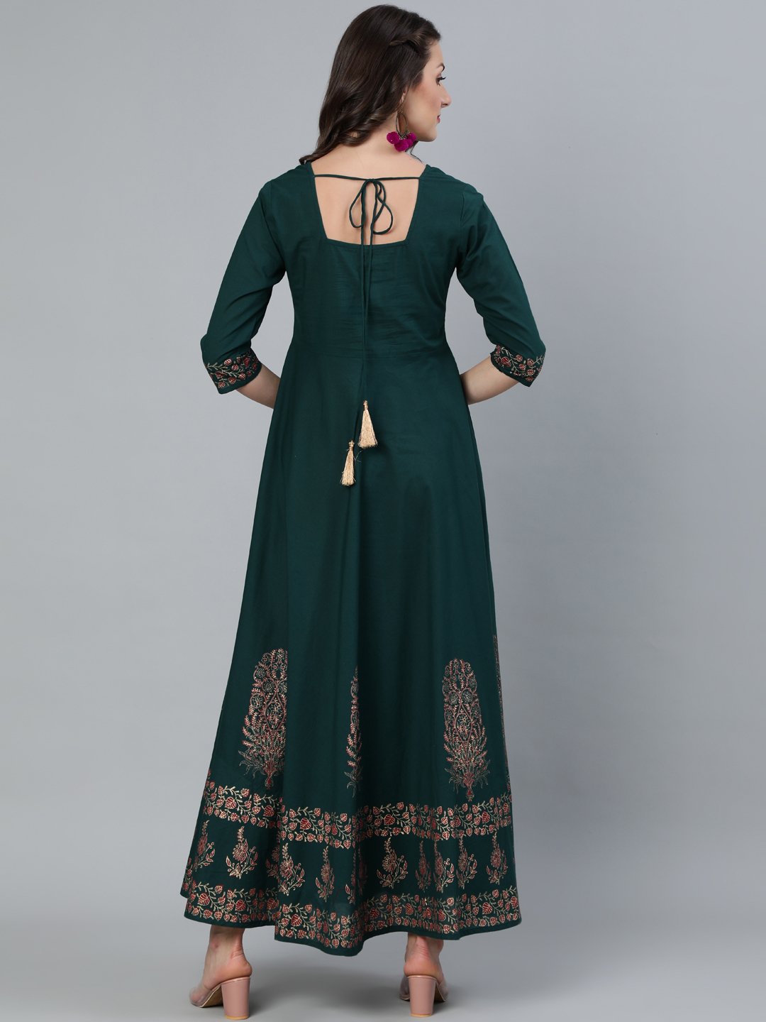 Women Green & Gold Block Printed Maxi Dress With Three Quarter Sleeves | LASVINI - Redefining Indian Fashion with Elegance