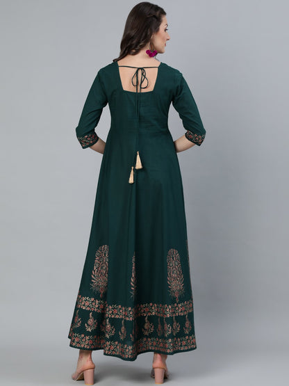 Women Green & Gold Block Printed Maxi Dress With Three Quarter Sleeves | LASVINI - Redefining Indian Fashion with Elegance
