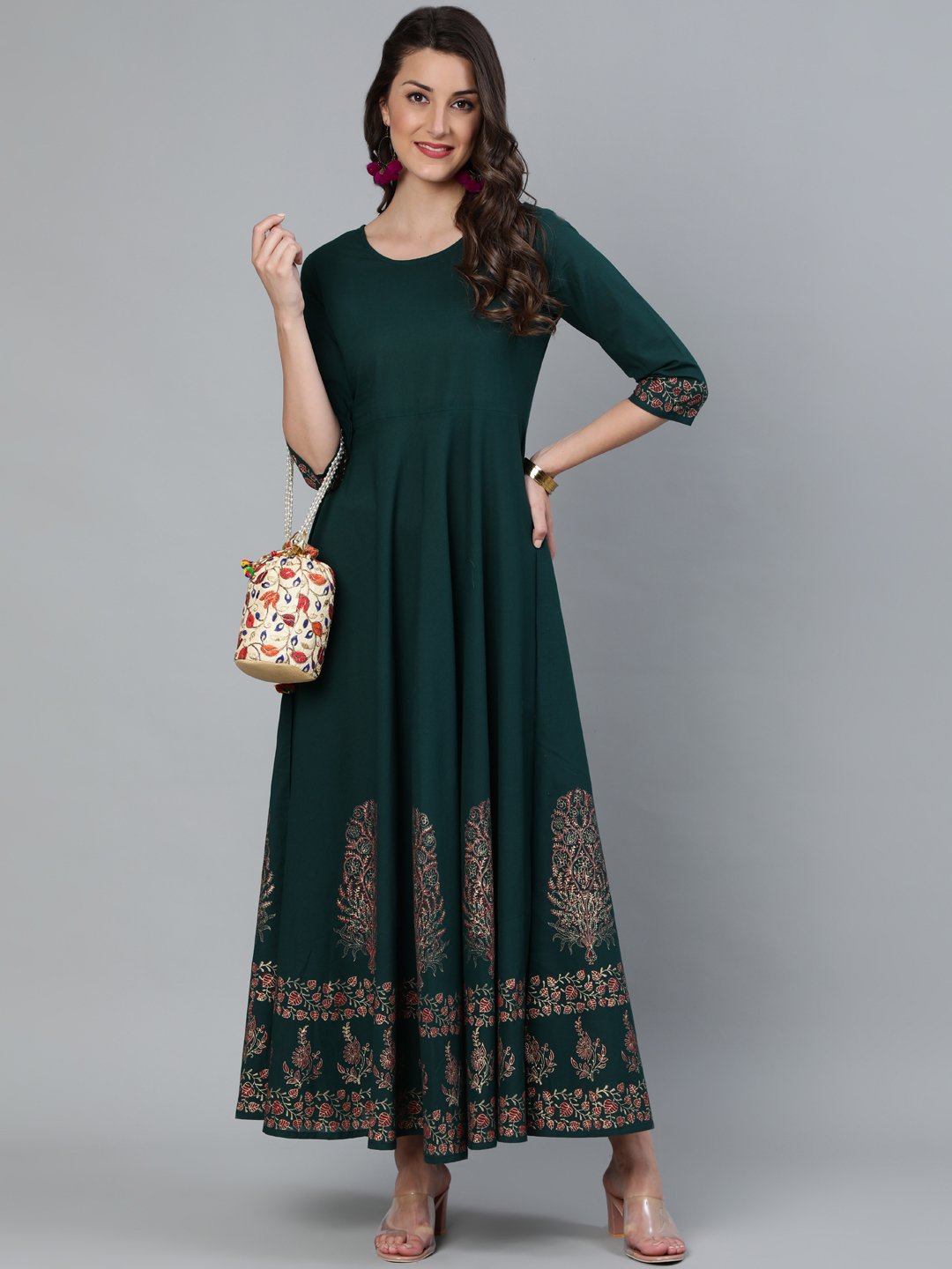 Women Green & Gold Block Printed Maxi Dress With Three Quarter Sleeves | LASVINI - Redefining Indian Fashion with Elegance