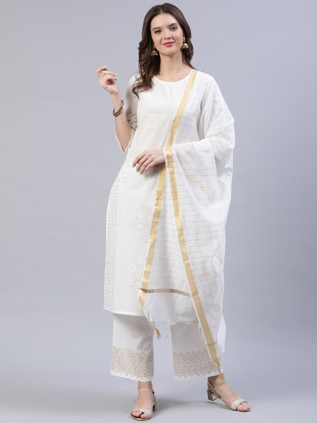 Women Off-White Block Printed Straight Kurta With Palazo & Dupatta | LASVINI - Redefining Indian Fashion with Elegance