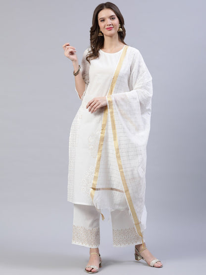 Women Off-White Block Printed Straight Kurta With Palazo & Dupatta | LASVINI - Redefining Indian Fashion with Elegance