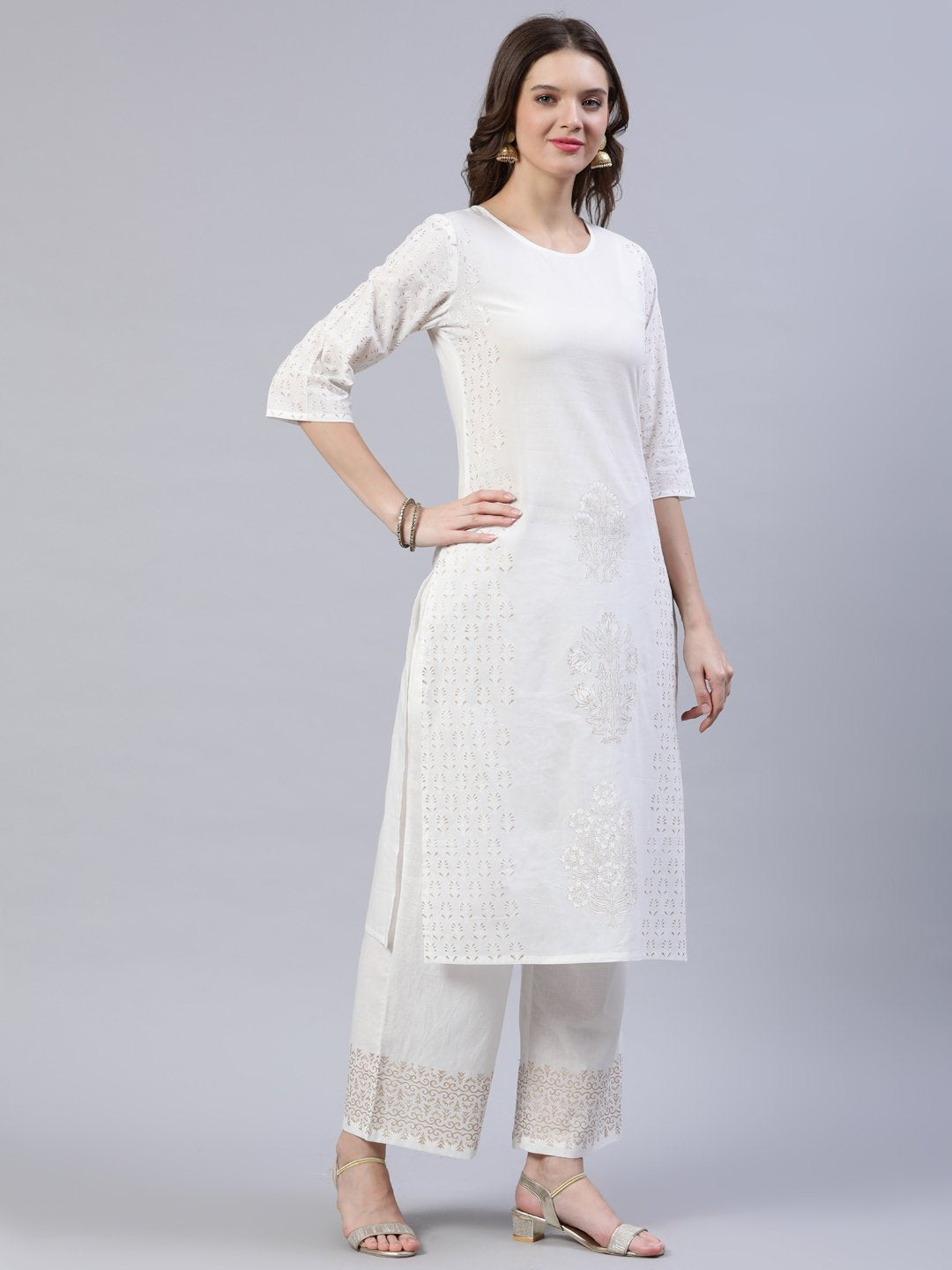 Women Off-White Block Printed Straight Kurta With Palazo & Dupatta | LASVINI - Redefining Indian Fashion with Elegance