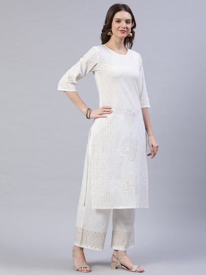 Women Off-White Block Printed Straight Kurta With Palazo & Dupatta | LASVINI - Redefining Indian Fashion with Elegance