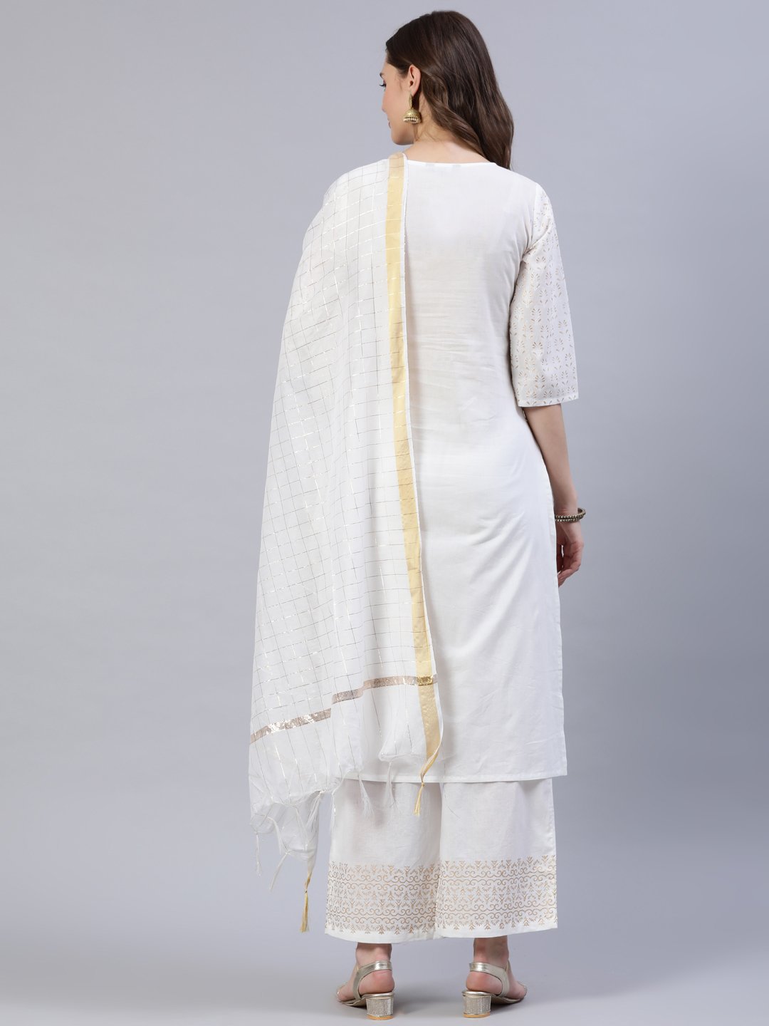 Women Off-White Block Printed Straight Kurta With Palazo & Dupatta | LASVINI - Redefining Indian Fashion with Elegance