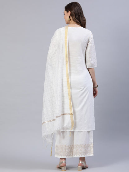 Women Off-White Block Printed Straight Kurta With Palazo & Dupatta | LASVINI - Redefining Indian Fashion with Elegance