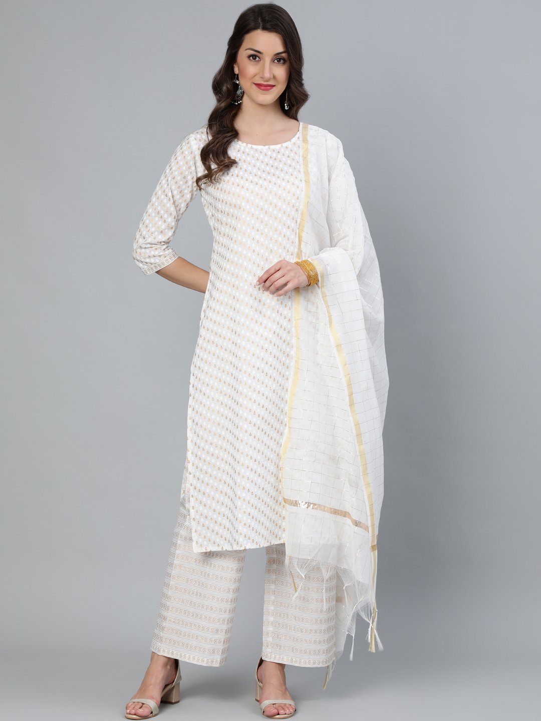 Women Off White & Gold Printed Straight Kurta With Plazo & Dupatta | LASVINI - Redefining Indian Fashion with Elegance