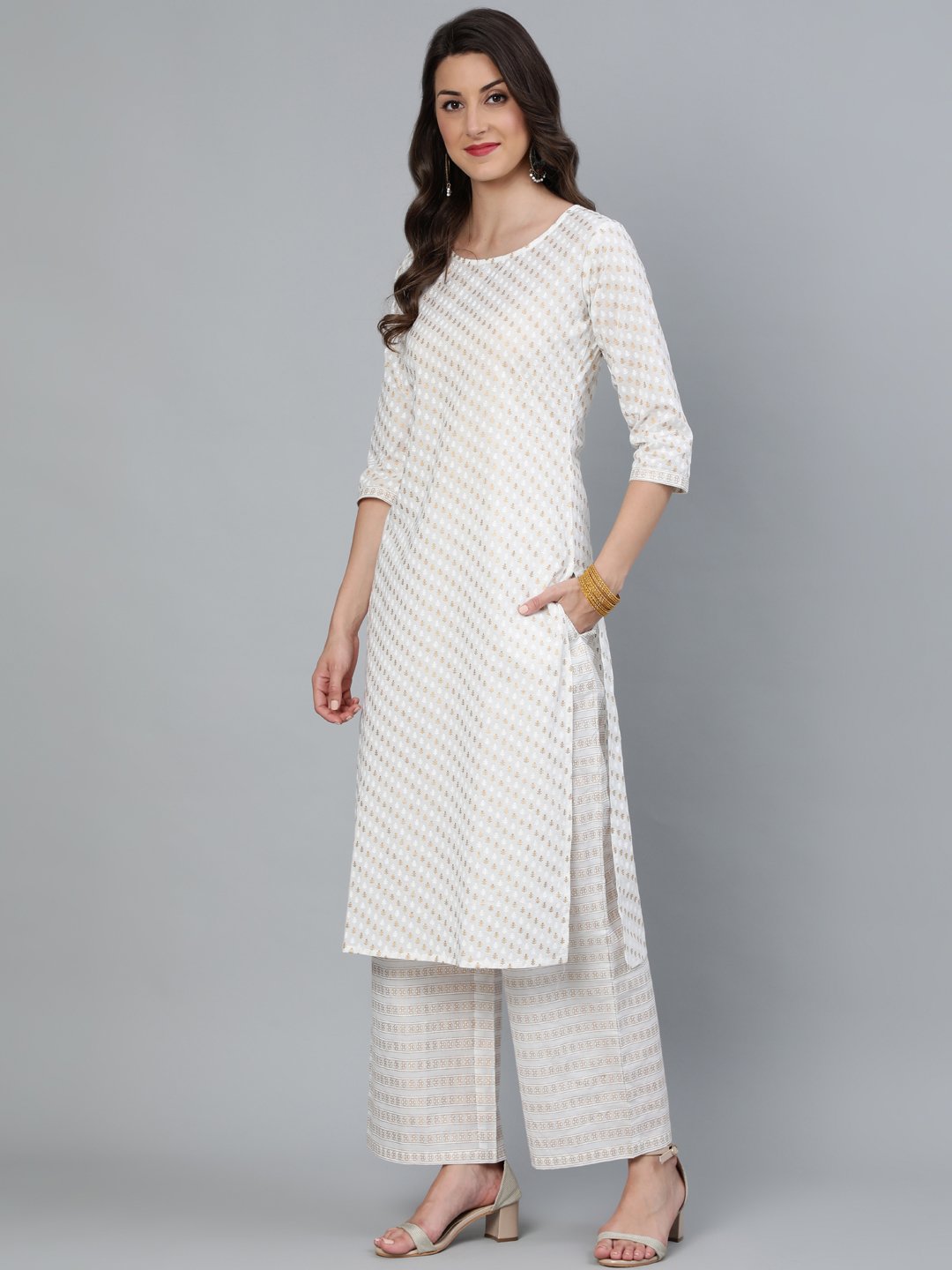 Women Off White & Gold Printed Straight Kurta With Plazo & Dupatta | LASVINI - Redefining Indian Fashion with Elegance